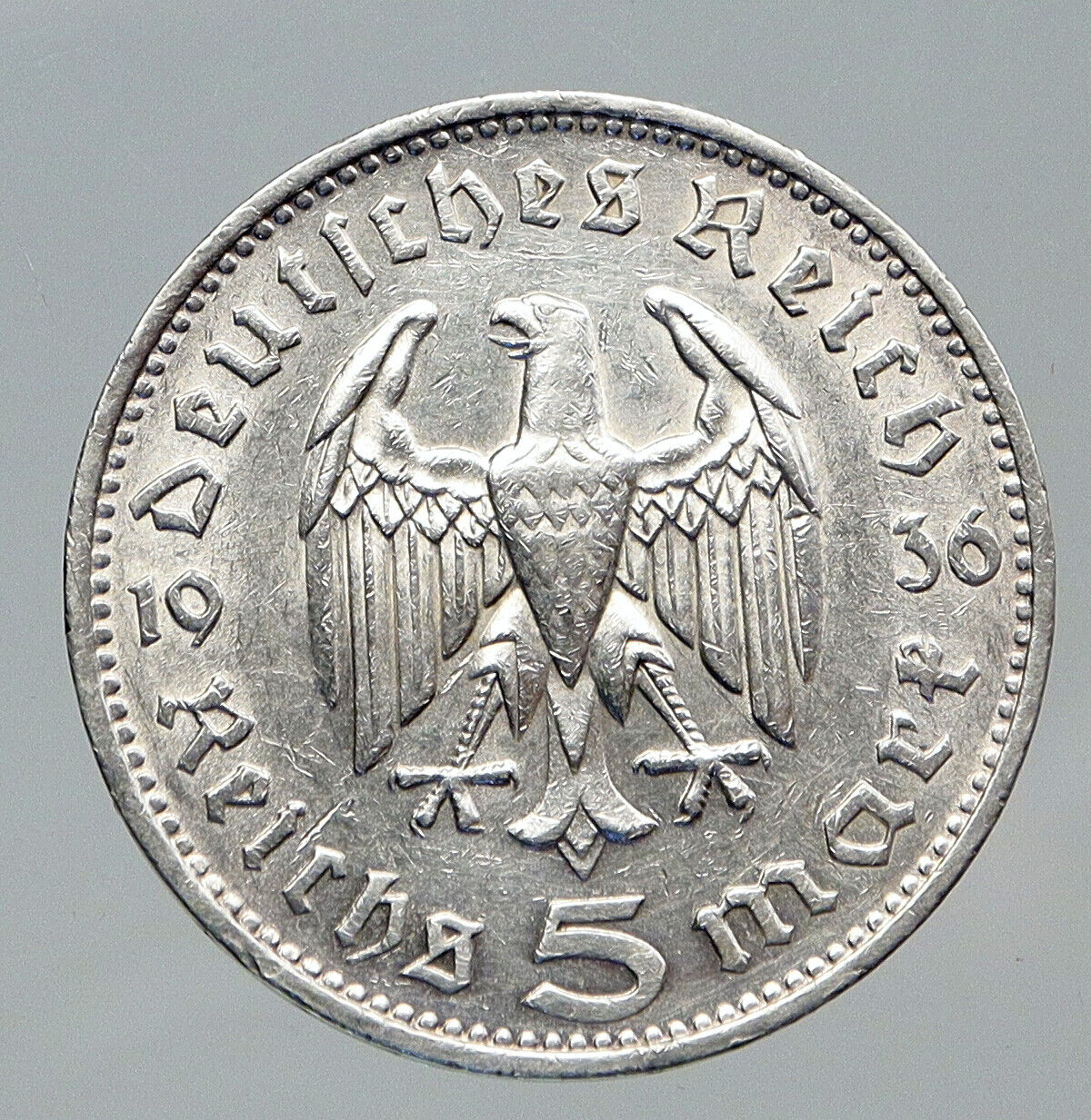 1936F Germany 2nd President Paul von Hindenburg Silver German 5 Mark Coin i91708