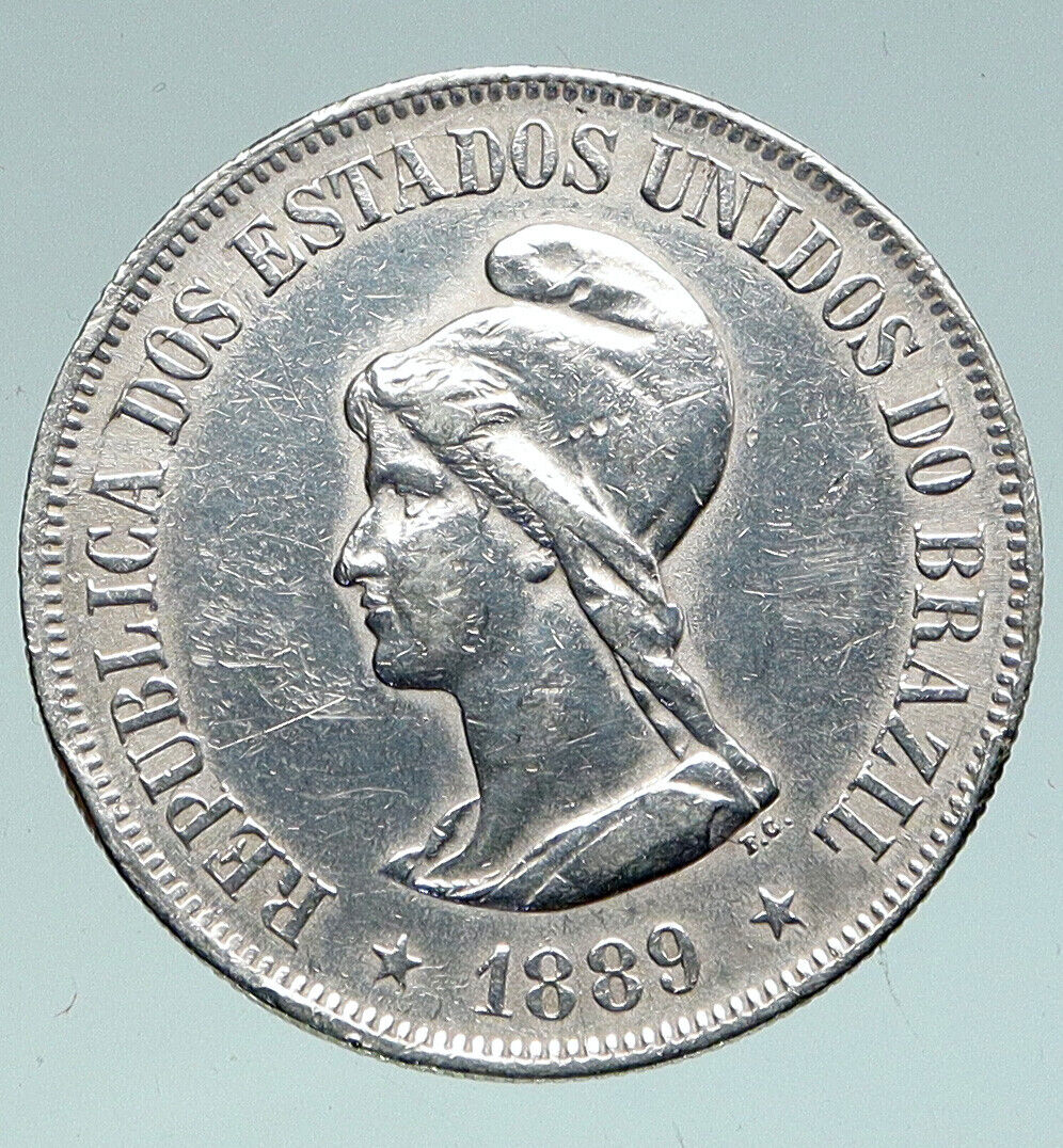 1889 BRAZIL Brazilian Coat-Of-Arms ANTIQUE LIBERTY Silver 500 Reis Coin i91084