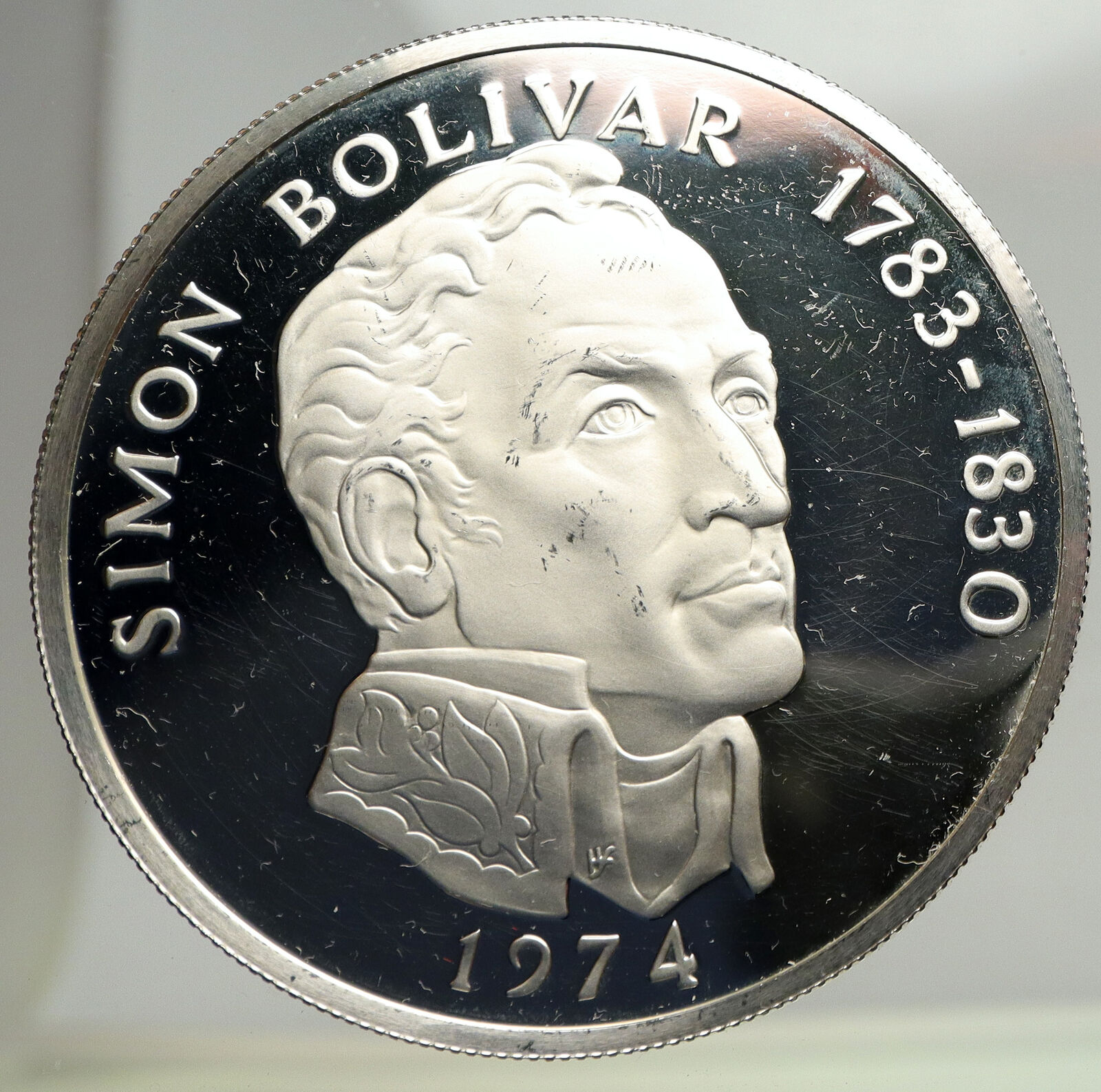 1974 PANAMA Huge 6.2cm Proof Silver 3.8oz 20 Balboas Coin w SIMON BOLIVAR i93354