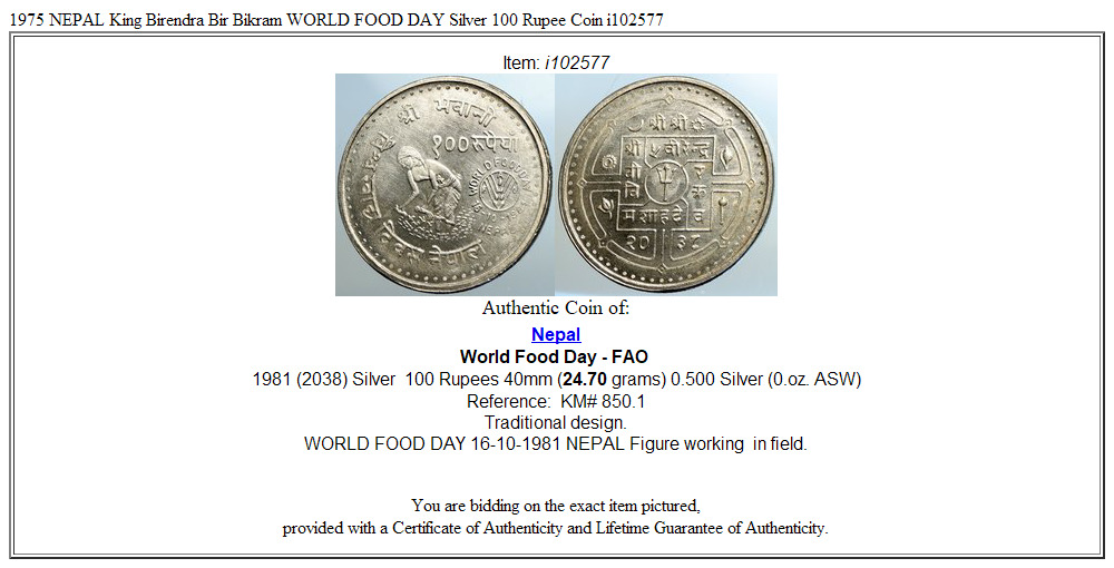 1975 NEPAL King Birendra Bir Bikram WORLD FOOD DAY Silver 100 Rupee Coin i102577