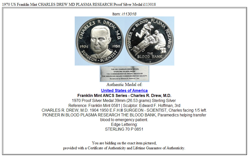 1970 US Franklin Mint CHARLES DREW MD PLASMA RESEARCH Proof Silver Medal i113018