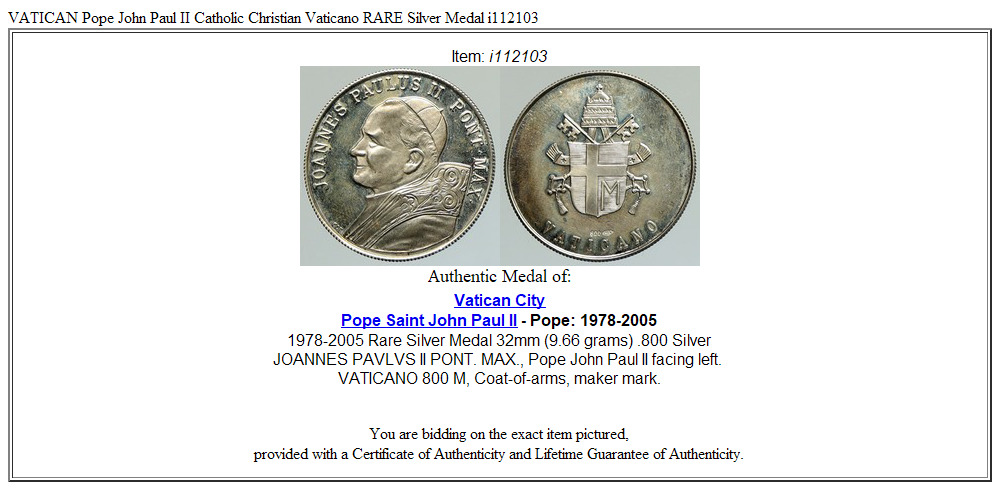 VATICAN Pope John Paul II Catholic Christian Vaticano RARE Silver Medal i112103