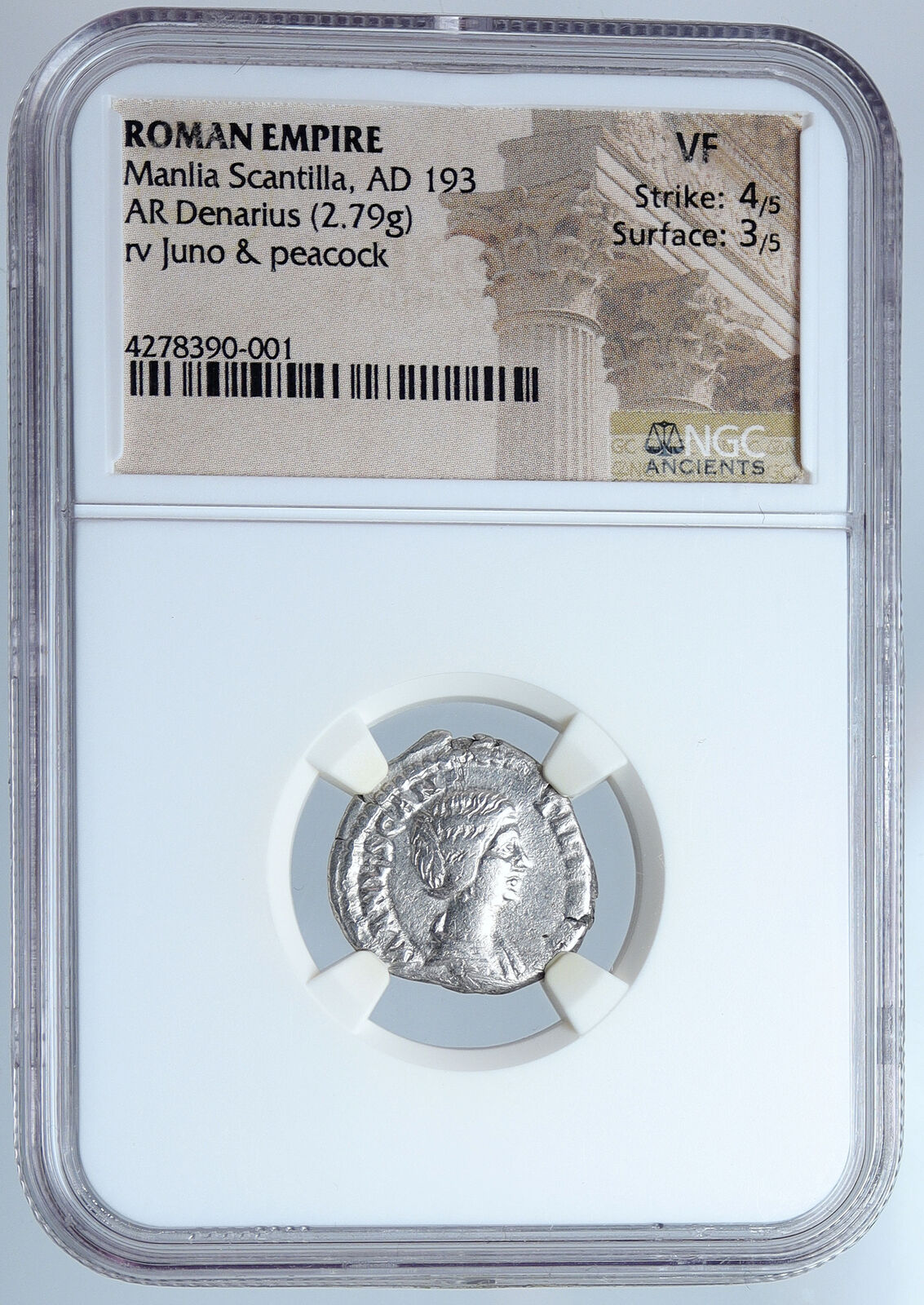 MANLIA SCANTILLA wife of Didius Julianus 193AD Silver Roman Coin NGC VF i59096