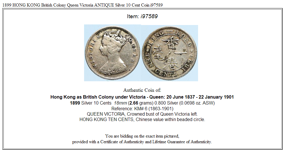 1899 HONG KONG British Colony Queen Victoria ANTIQUE Silver 10 Cent Coin i97589