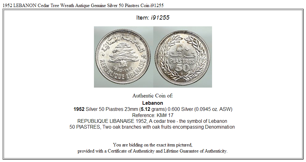 1952 LEBANON Cedar Tree Wreath Antique Genuine Silver 50 Piastres Coin i91255