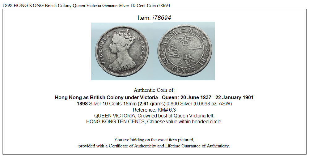 1898 HONG KONG British Colony Queen Victoria Genuine Silver 10 Cent Coin i78694