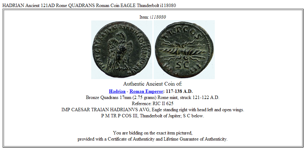 HADRIAN Ancient 121AD Rome QUADRANS Roman Coin EAGLE Thunderbolt i118080