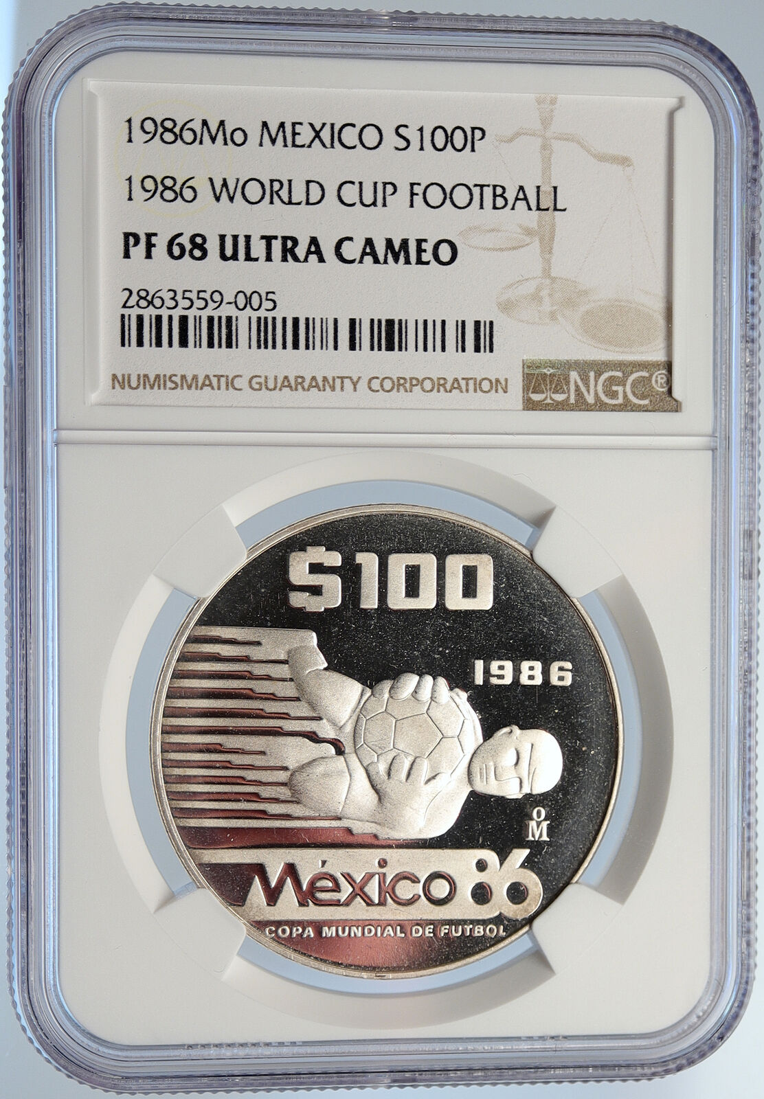 1985 MEXICO FIFA World Cup 1986 Football Soccer PRF Silver 100P Coin NGC i105667