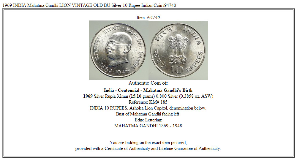 1969 INDIA Mahatma Gandhi LION VINTAGE OLD BU Silver 10 Rupee Indian Coin i94740