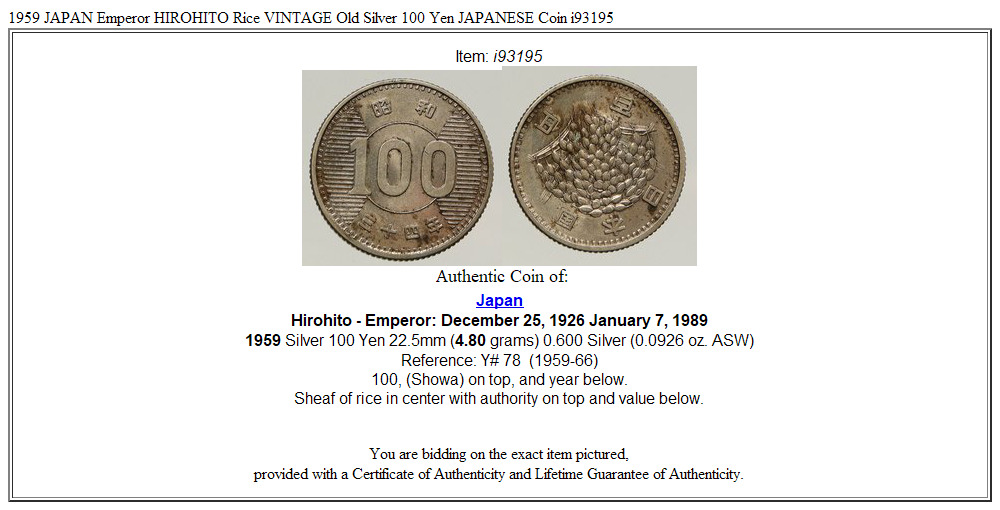 1959 JAPAN Emperor HIROHITO Rice VINTAGE Old Silver 100 Yen JAPANESE Coin i93195