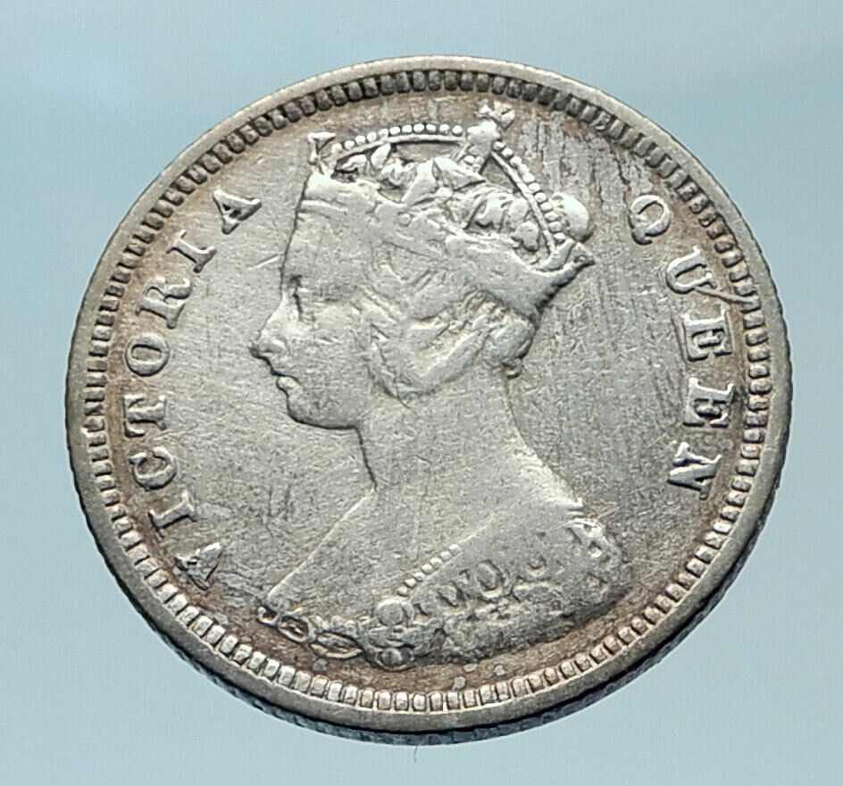 1892 HONG KONG British Colony Queen Victoria Genuine Silver 10 Cent Coin i78592