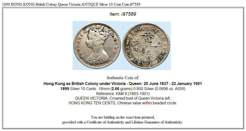 1899 HONG KONG British Colony Queen Victoria ANTIQUE Silver 10 Cent Coin i97589