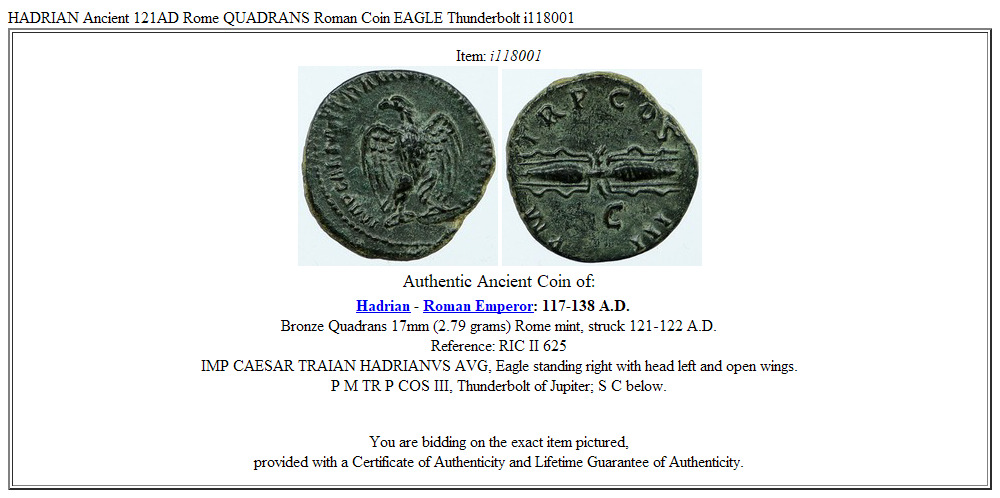 HADRIAN Ancient 121AD Rome QUADRANS Roman Coin EAGLE Thunderbolt i118001