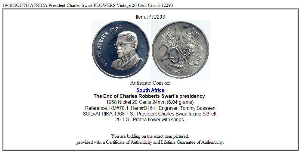 1968 SOUTH AFRICA President Charles Swart FLOWERS Vintage 20 Cent Coin i112293