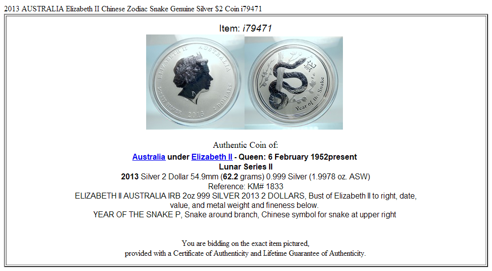 2013 AUSTRALIA Elizabeth II Chinese Zodiac Snake Genuine Silver $2 Coin i79471