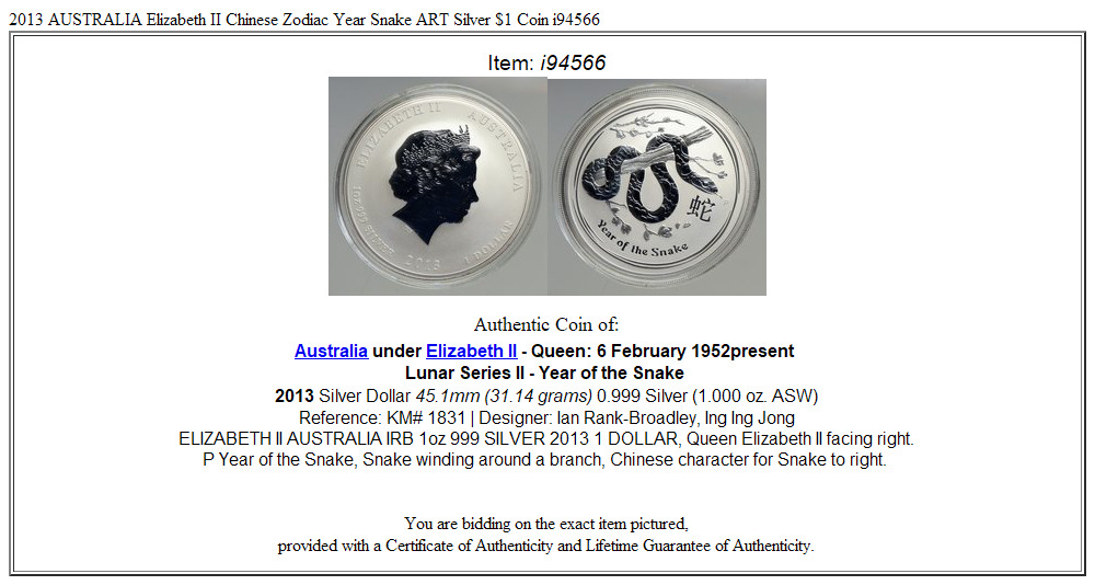 2013 AUSTRALIA Elizabeth II Chinese Zodiac Year Snake ART Silver $1 Coin i94566