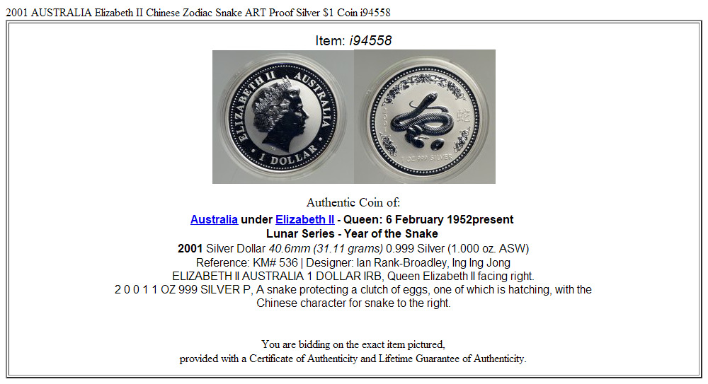 2001 AUSTRALIA Elizabeth II Chinese Zodiac Snake ART Proof Silver $1 Coin i94558