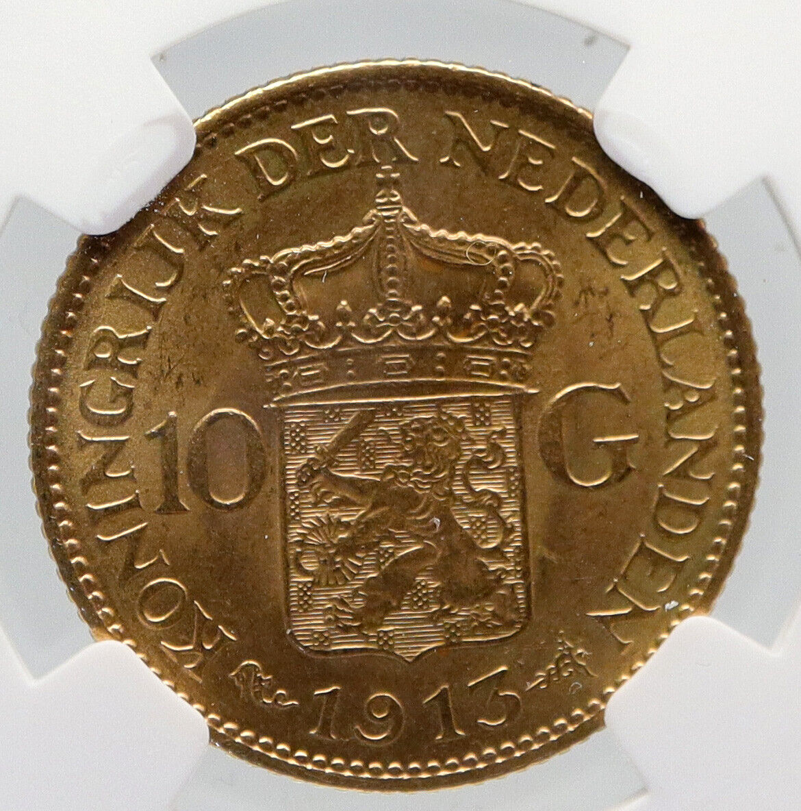 1913 Netherlands Kingdom Queen WILHELMINA Antique Gold 10 Gulden Coin NGC i91643