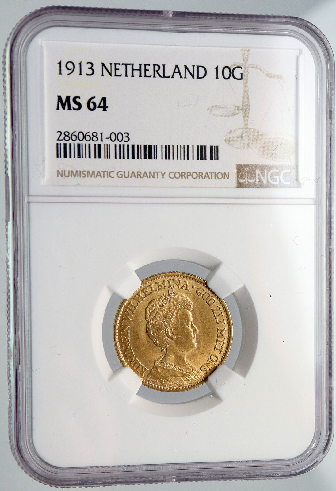 1913 Netherlands Kingdom Queen WILHELMINA Antique Gold 10 Gulden Coin NGC i91643