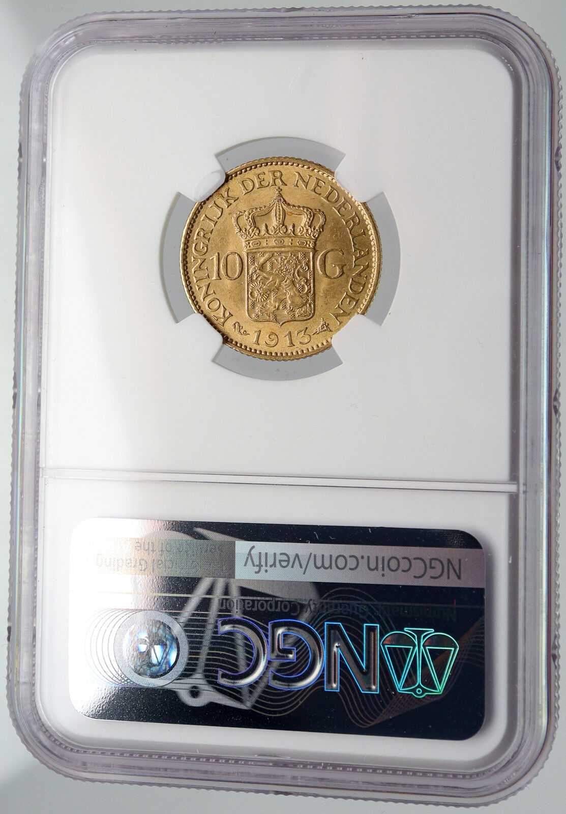 1913 Netherlands Kingdom Queen WILHELMINA Antique Gold 10 Gulden Coin NGC i91643