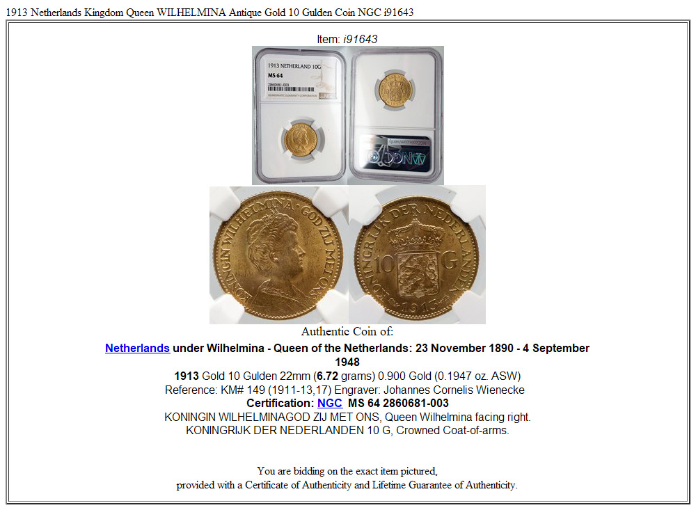 1913 Netherlands Kingdom Queen WILHELMINA Antique Gold 10 Gulden Coin NGC i91643