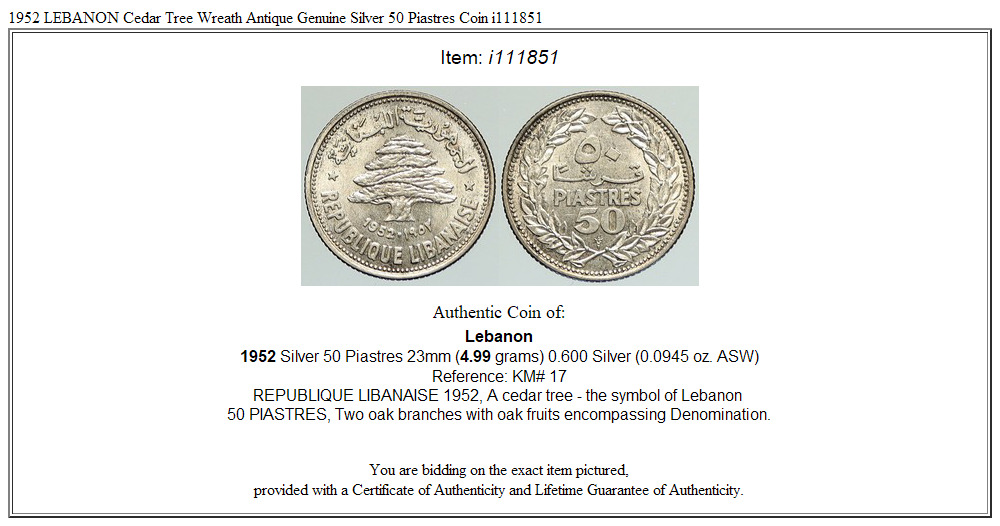 1952 LEBANON Cedar Tree Wreath Antique Genuine Silver 50 Piastres Coin i111851