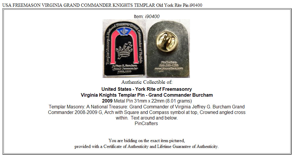 USA FREEMASON VIRGINIA GRAND COMMANDER KNIGHTS TEMPLAR Old York Rite Pin i90400