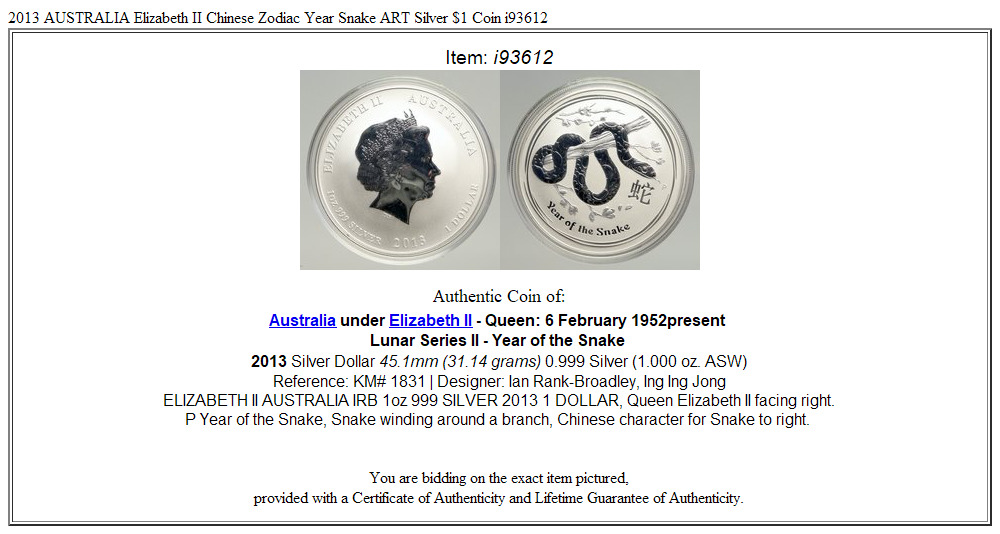 2013 AUSTRALIA Elizabeth II Chinese Zodiac Year Snake ART Silver $1 Coin i93612