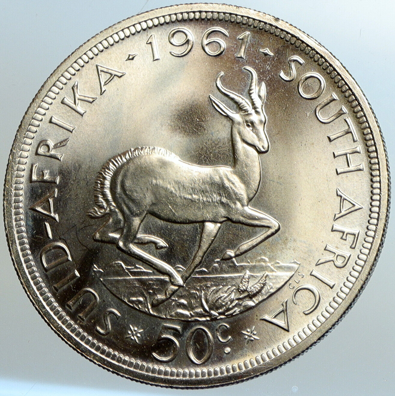 1961 SOUTH AFRICA Founder Jan van Riebeeck Deer OLD Silver 50 Cent Coin i102572