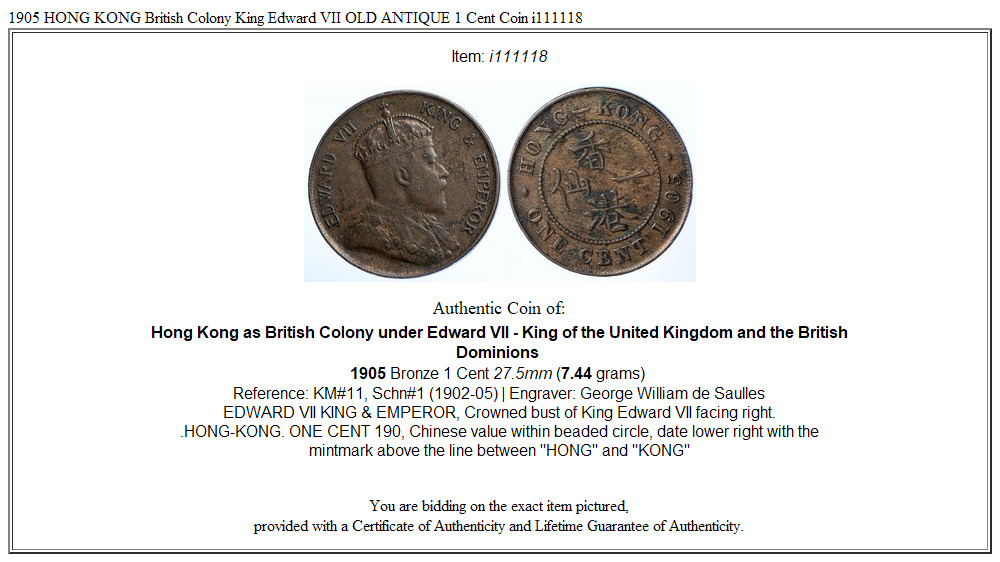 1905 HONG KONG British Colony King Edward VII OLD ANTIQUE 1 Cent Coin i111118