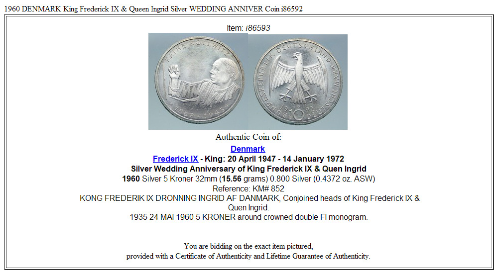 1960 DENMARK King Frederick IX & Queen Ingrid Silver WEDDING ANNIVER Coin i86592