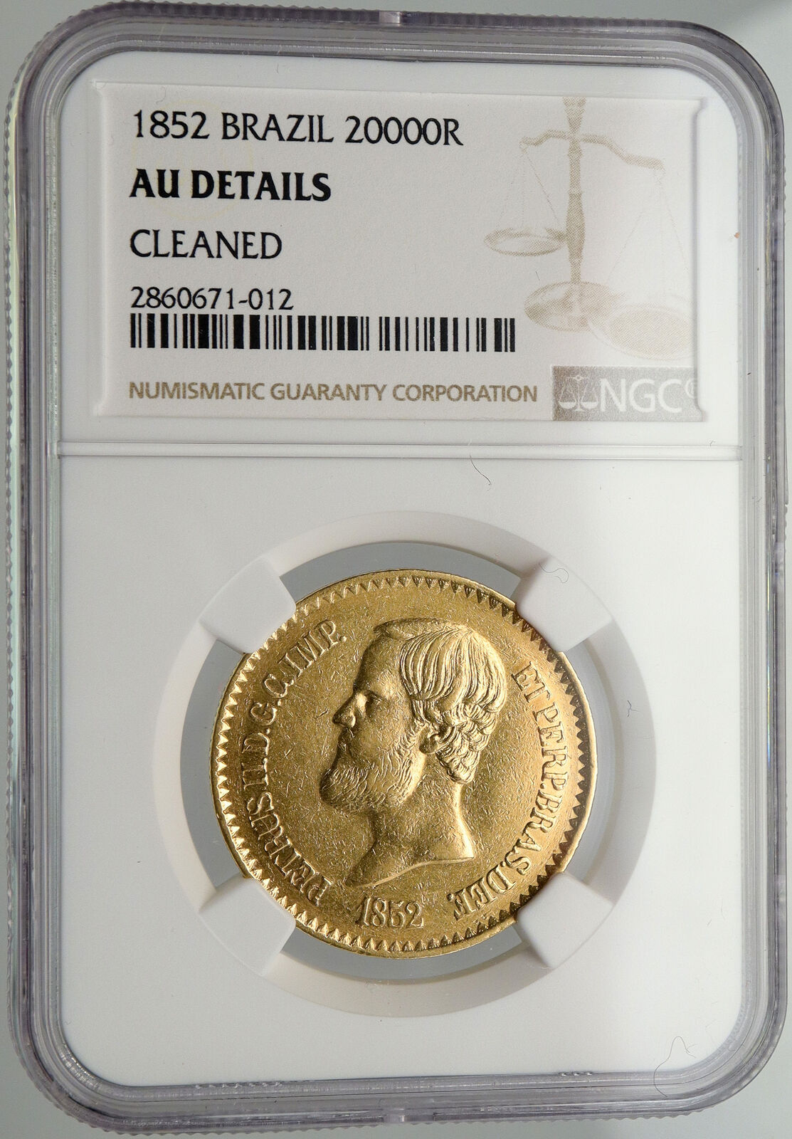 1852 BRAZIL King Dom Pedro II BRAZILIAN Antique Gold 20000 Reis NGC Coin i92473