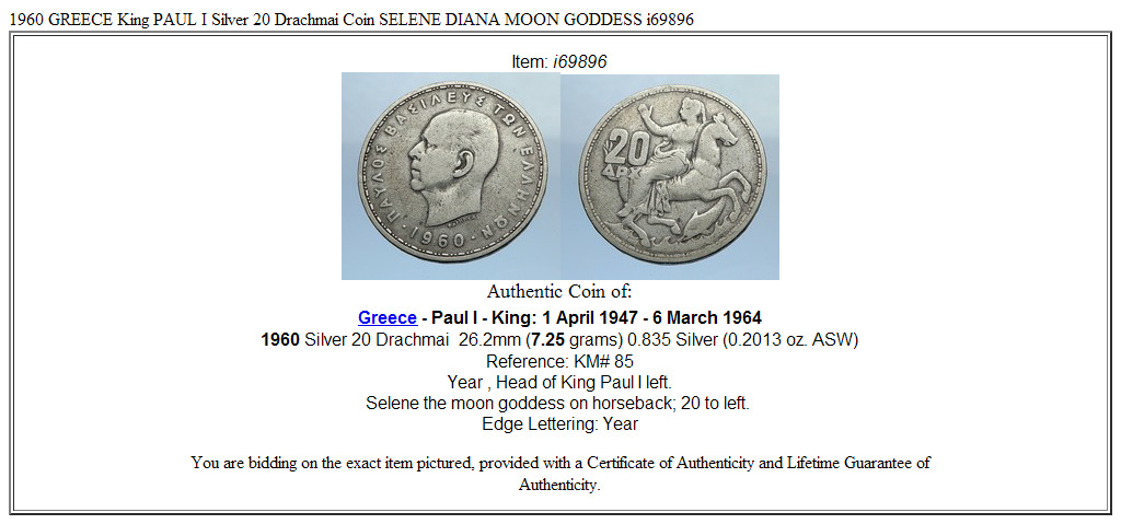 1960 GREECE King PAUL I Silver 20 Drachmai Coin SELENE DIANA MOON GODDESS i69896