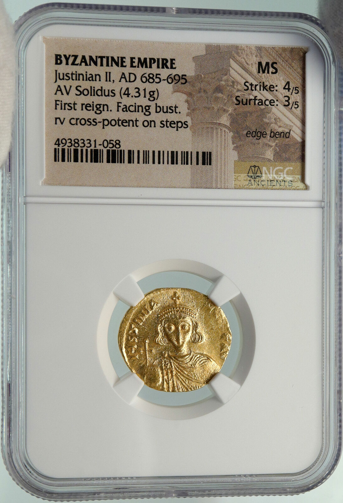 JUSTINIAN II Genuine Ancient 686AD GOLD Byzantine Solidus Coin CROSS NGC i84934