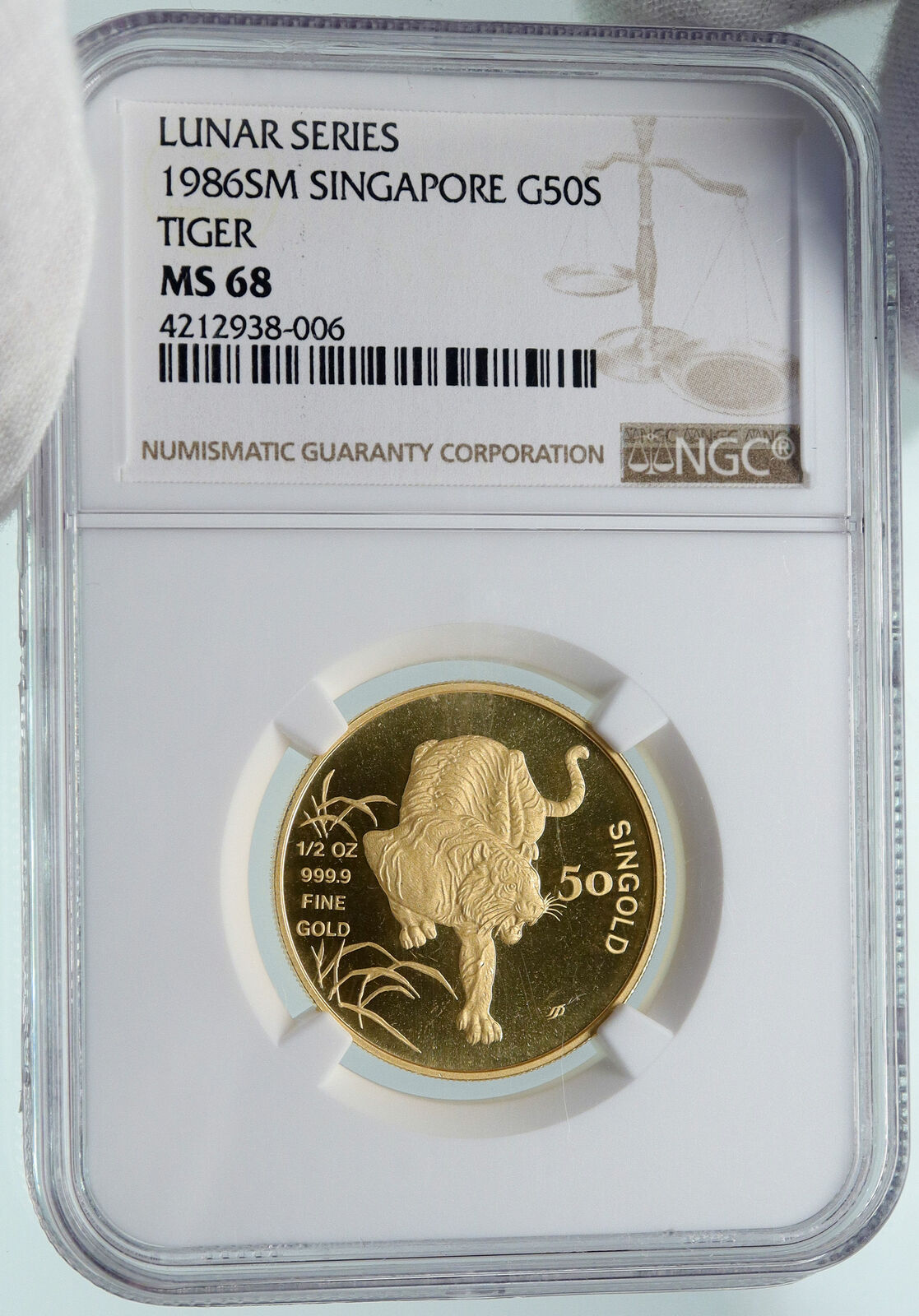 1986 SM SINGAPORE Lunar Series - TIGER Vintage Gold 50 Singold Coin NGC i86540