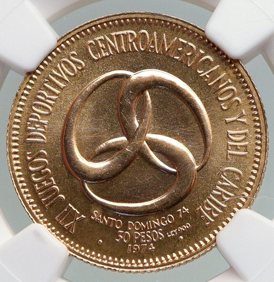 1974 DOMINICAN REPUBLIC Central Am & Caribbean GAMES Gold 30 Pes Coin NGC i92186