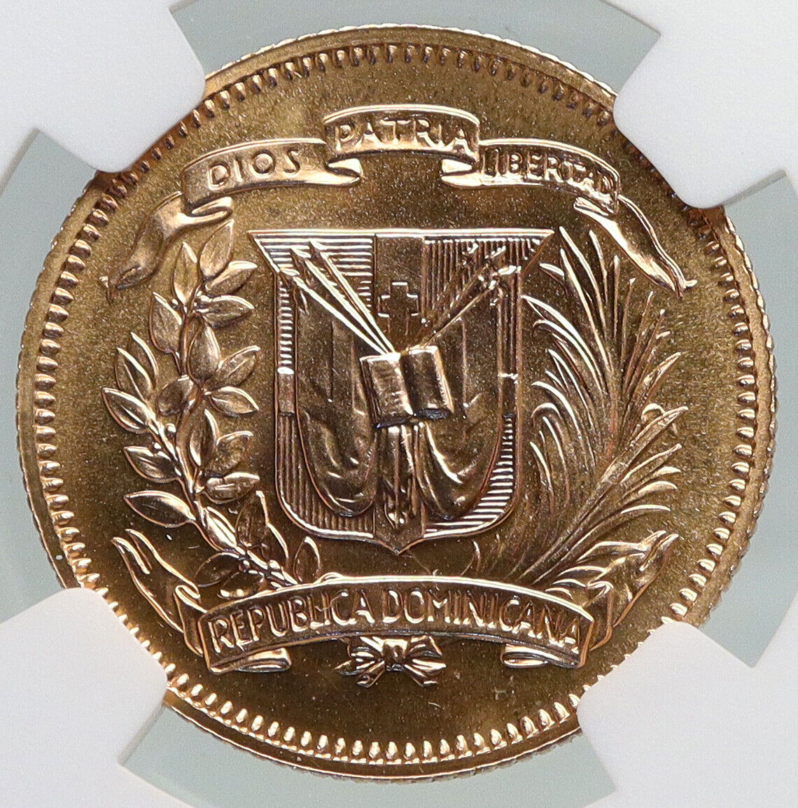 1974 DOMINICAN REPUBLIC Central Am & Caribbean GAMES Gold 30 Pes Coin NGC i92186