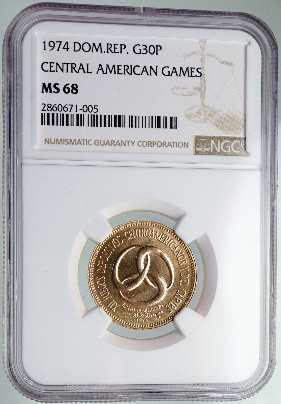 1974 DOMINICAN REPUBLIC Central Am & Caribbean GAMES Gold 30 Pes Coin NGC i92186