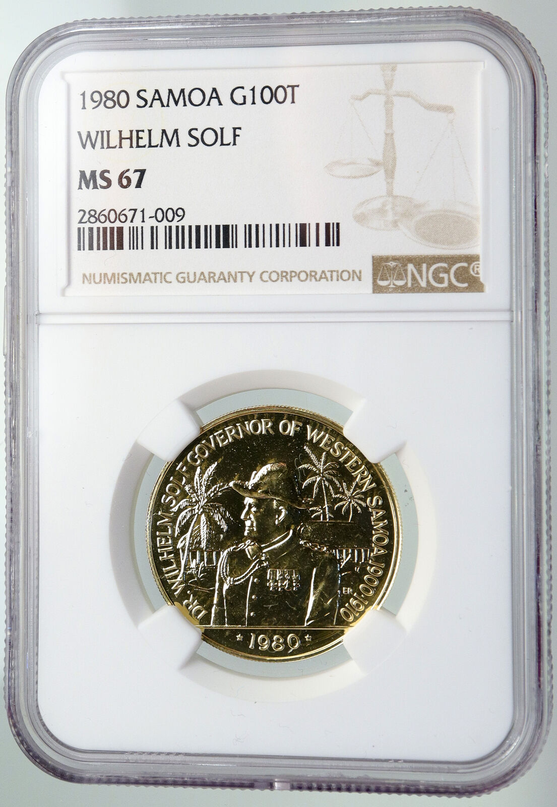 1980 SAMOA Wilhelm Solf & Palms OLD VINTAGE Gold 100 Tala Coin NGC i92190