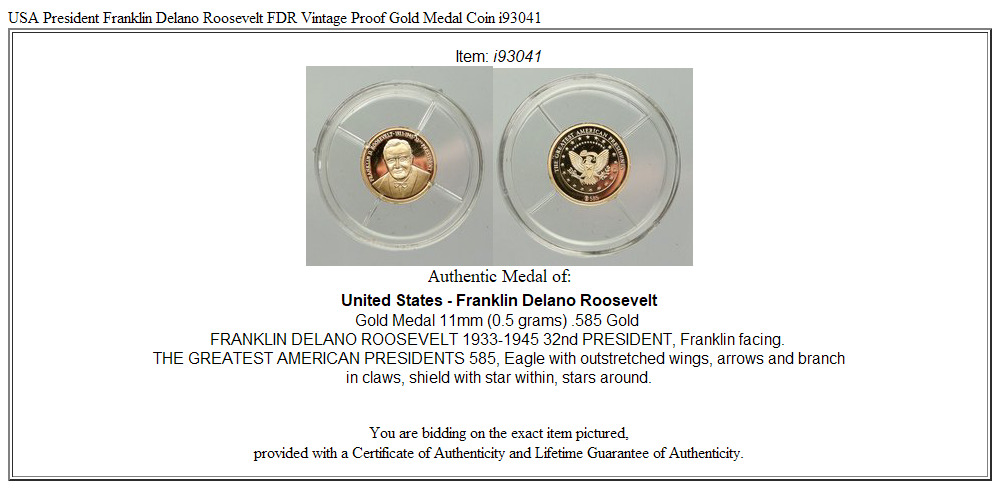 USA President Franklin Delano Roosevelt FDR Vintage Proof Gold Medal Coin i93041