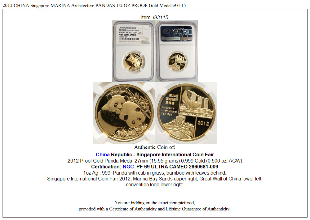 2012 CHINA Singapore MARINA Architecture PANDAS 1/2 OZ PROOF Gold Medal i93115