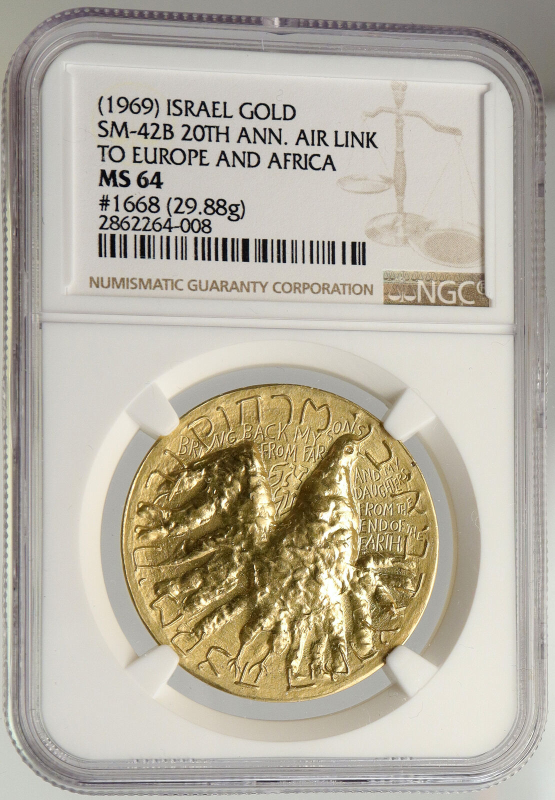 1969 ISRAEL 20th AIR LINK to EUROPE & AFRICA Old Vintage GOLD Medal NGC i94028