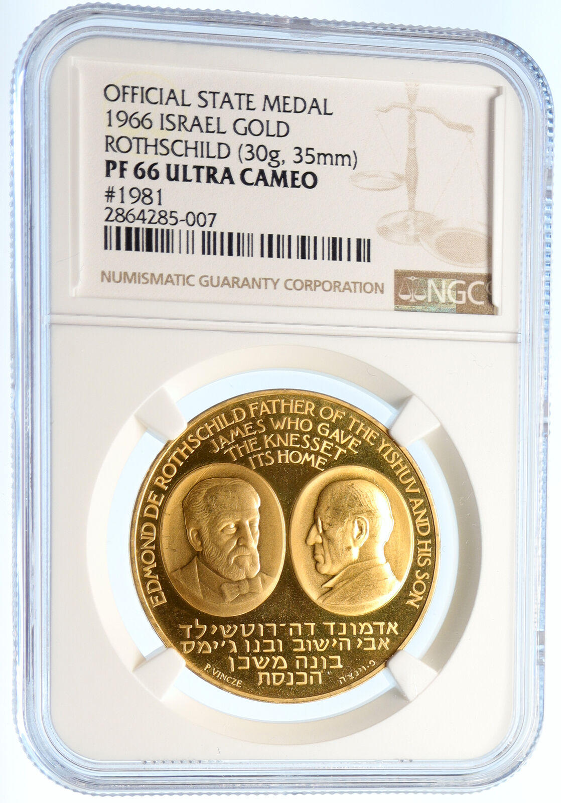 1966 ISRAEL Edmund de Rothschild James KNESSET Historic Gold Medal NGC i95624