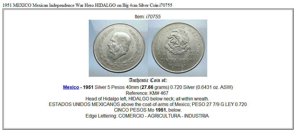 1951 MEXICO Mexican Independence War Hero HIDALGO on Big 4cm Silver Coin i70755