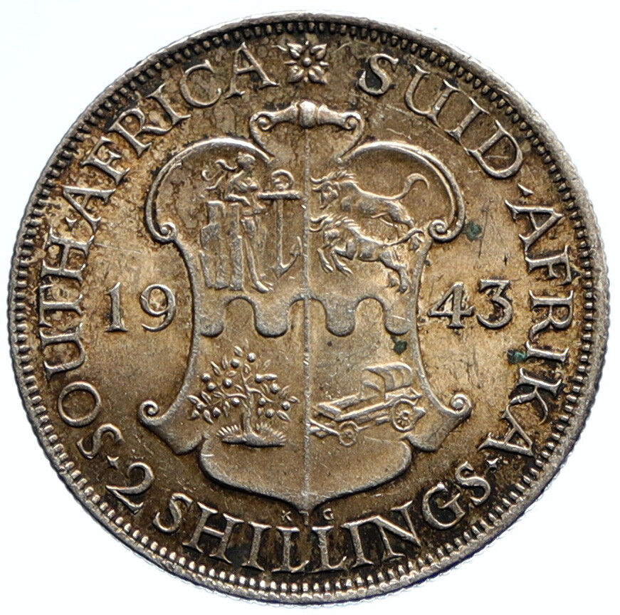 1943 SOUTH AFRICA Large GEORGE VI Shields Genuine Silver 2 Shillings Coin i96581