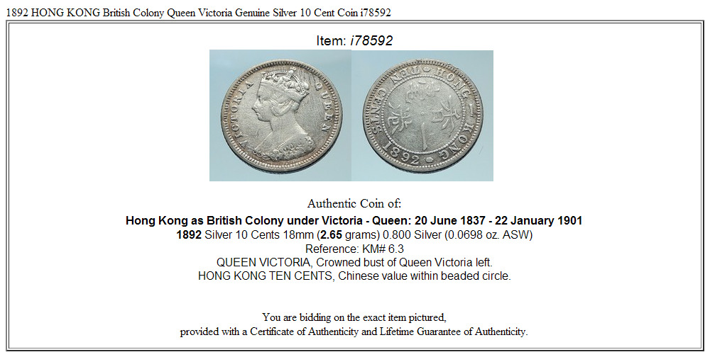 1892 HONG KONG British Colony Queen Victoria Genuine Silver 10 Cent Coin i78592