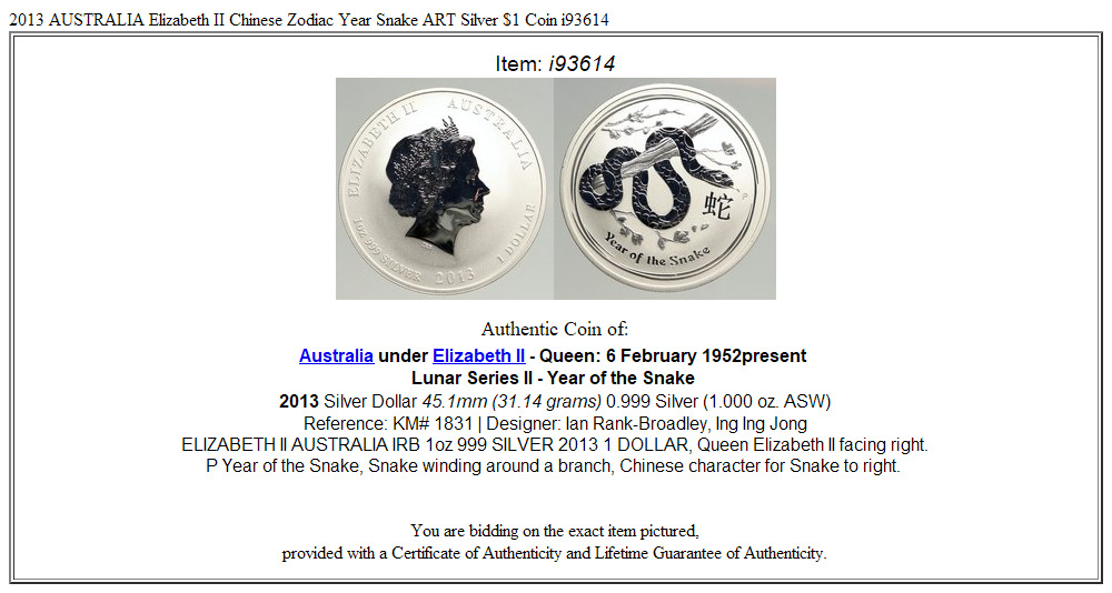 2013 AUSTRALIA Elizabeth II Chinese Zodiac Year Snake ART Silver $1 Coin i93614