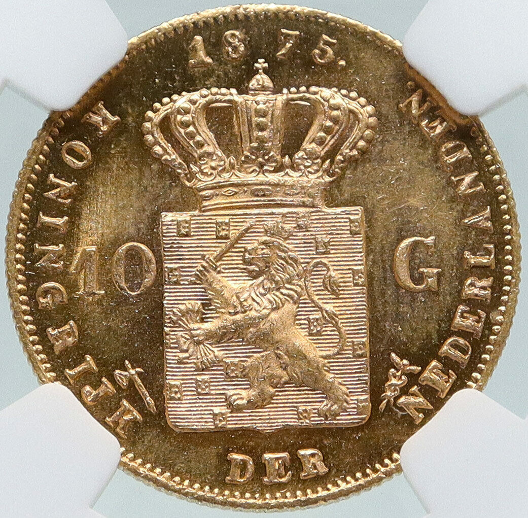 1875 NETHERLANDS King Wilhelm III Antique Vintage Gold 10 Gulden Coin NGC i87384