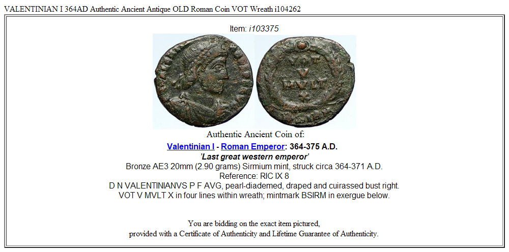 VALENTINIAN I 364AD Authentic Ancient Antique OLD Roman Coin VOT Wreath i104262