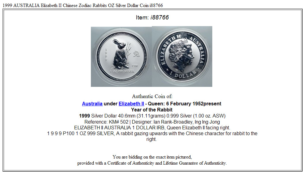 1999 AUSTRALIA Elizabeth II Chinese Zodiac Rabbits OZ Silver Dollar Coin i88766